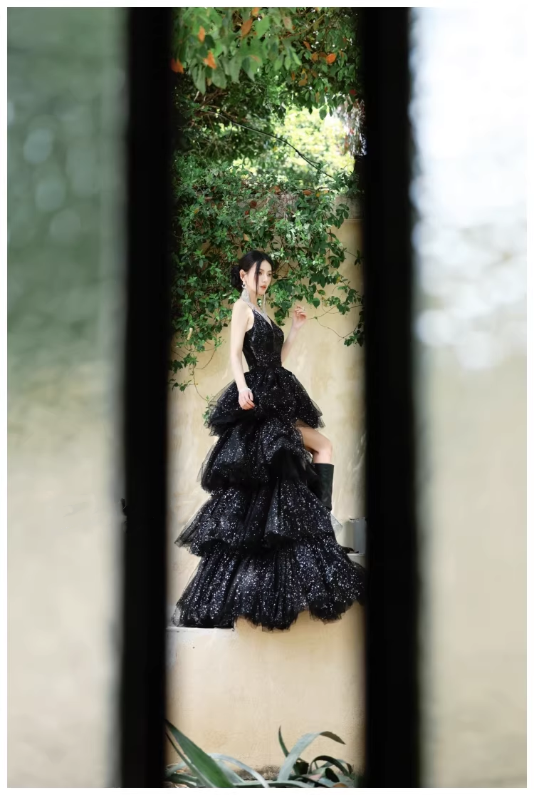 Sparky Black Spaghetti Straps Tulle Sequin Layered Long Birthday Evening Dress Party Dress