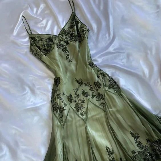 Vintage Green Straps Beaded A Line Prom Dress Party Evening Dress