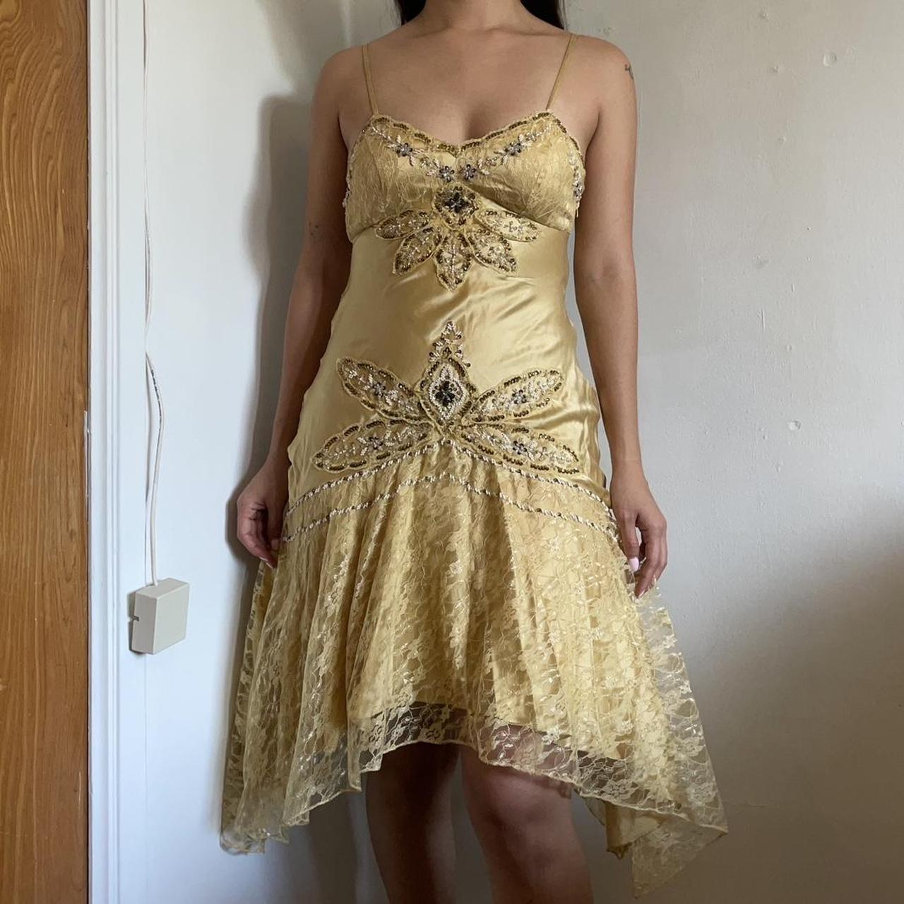 Vintage Gold Satin Lace Beaded Cocktail Dress Spaghetti Straps Homecoming Dress Birthday Outfits