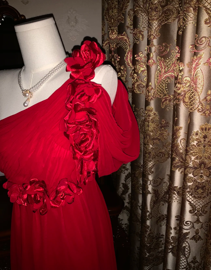 Elegant One Shoulder Red Chiffon Long Wedding Guest Dress Formal Birthday Prom Dress Evening Dress With Flowers