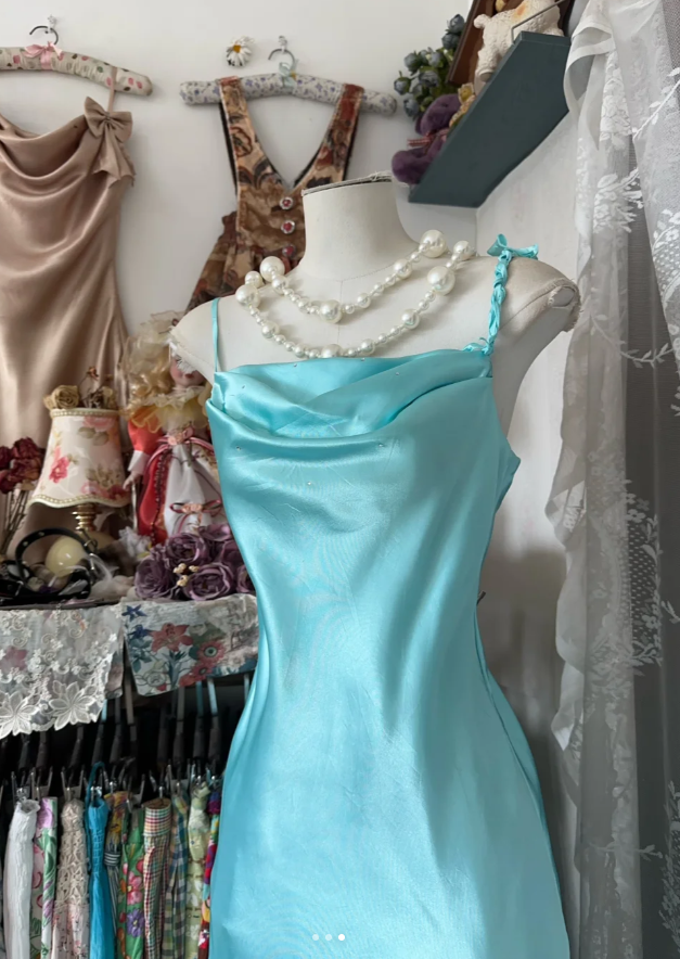 Vintage Spaghetti Strap Blue Satin Mermaid Evening Dress Prom Dress