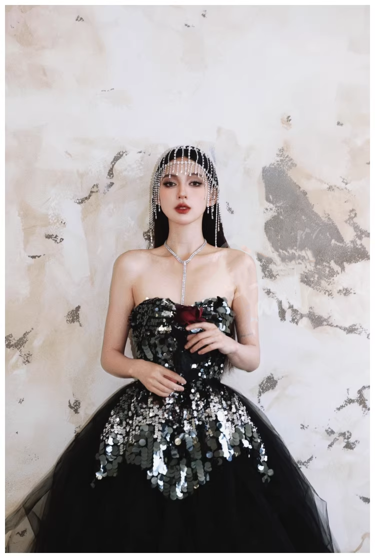 Gorgeous Strapless Black Tulle Sequin A Line Long Evening Dress Birthday Dress