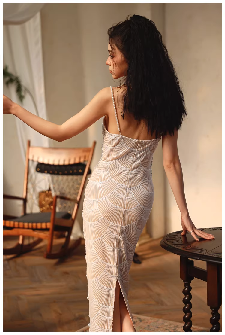 Unique Spaghetti Straps Sequin Pearls Sheath Slit Long Party Dress Birthday Evening Gown
