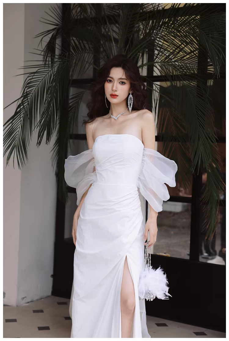 Classy Off The Shoulder White Satin Slit Mermaid Long Party Dress Birthday Evening Dress