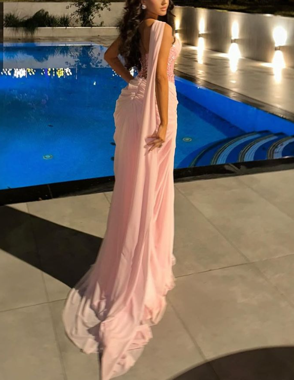 Pretty Pink Chiffon Beaded Mermaid Long Evening Dress Formal Wedding Guest Dress