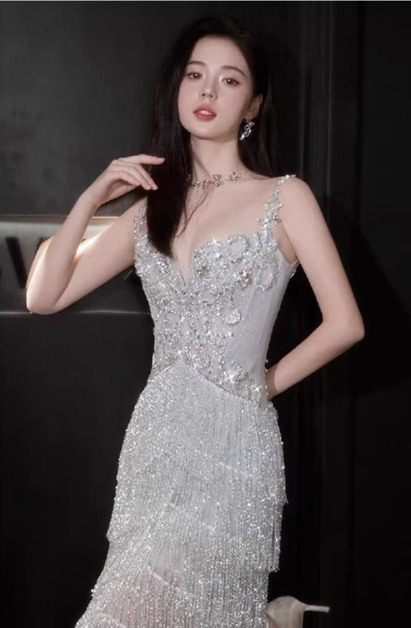 Glitter Spaghetti Straps Silver Satin Beaded Layered Tassel Long Party Dress Evening Gown