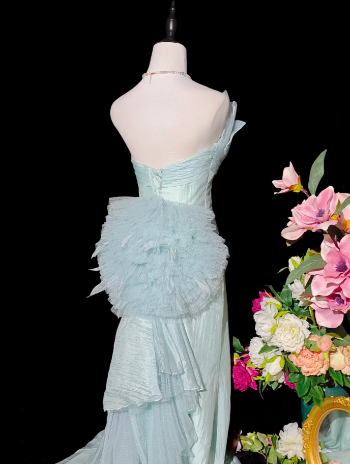 Charming Strapless Blue Tulle Mermaid Long Party Dress Birthday Prom Gown