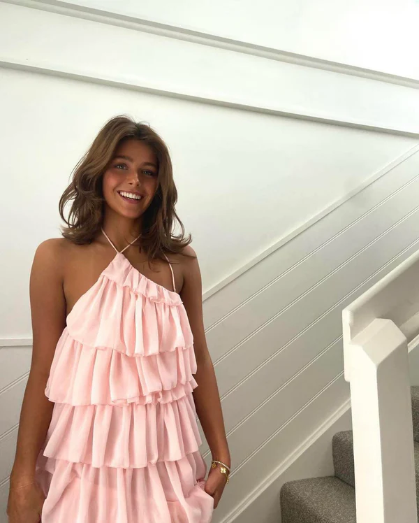 Pink Sleeveless Layered Long Prom Dress,Pink Evening Dress