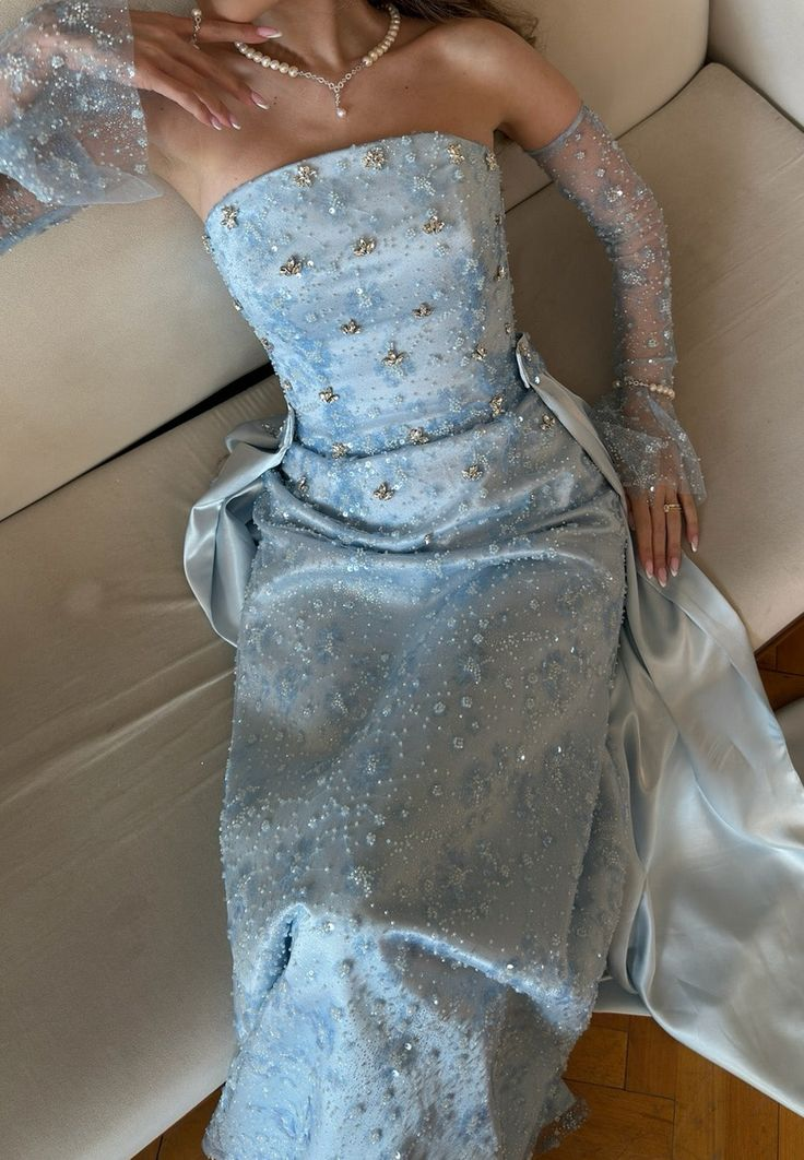 Elegant Blue Strapless Satin Beaded Long Party Dress Birthday Evening Gown
