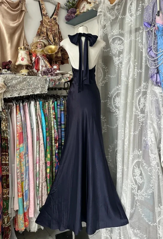Retro Halter Satin Mermaid Navy Blue Backless Long Evening Dress Formal Birthday Party Dress
