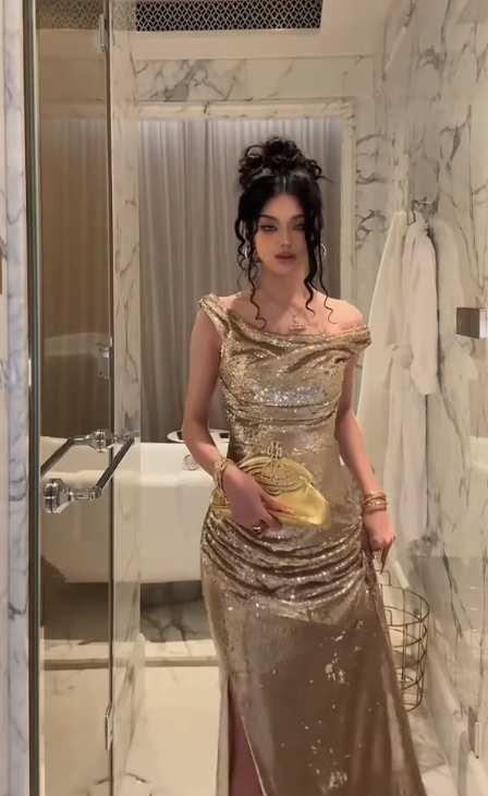 Elegant Champagne Gold Sequins Mermaid Prom Dress,Off Shoulder Slit Long Prom Dress Party Gown