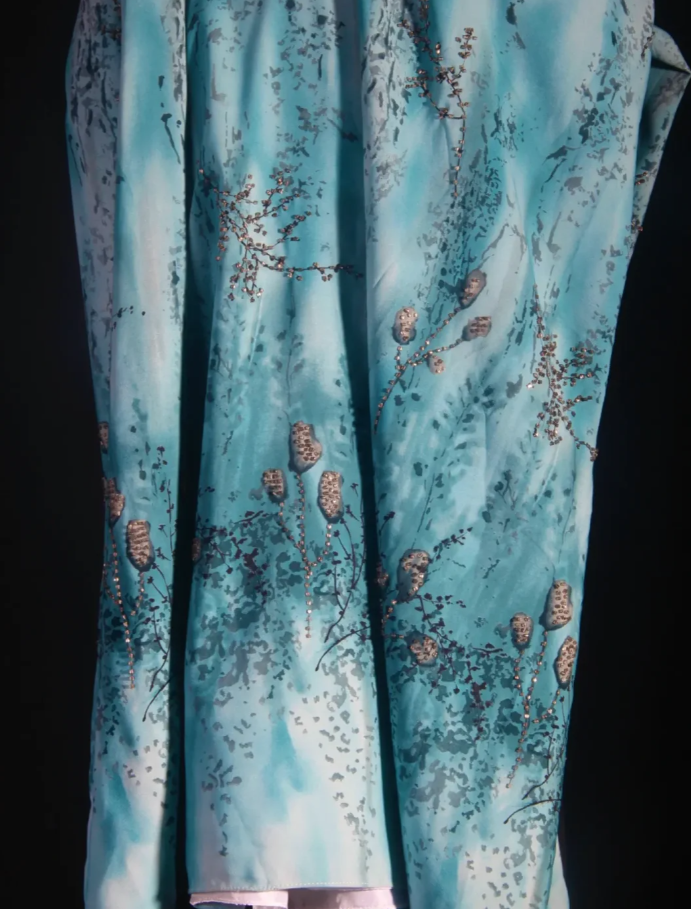 Vintage Square Neck Blue Chiffon Beaded Long Prom Dress Birthday Party Dress