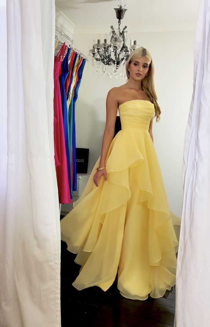 Classy Strapless Yellow Satin Tulle Slit Long Prom Dress Formal Birthday Party Dress