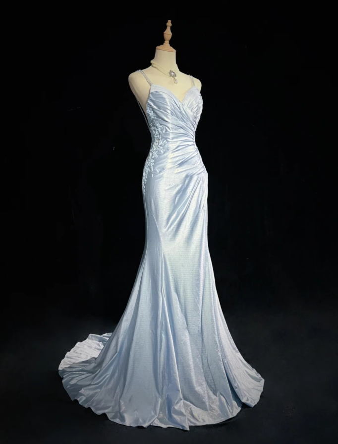 Elegant Spaghetti Straps Blue Satin Appliques Sequin Mermaid Long Wedding Guest Dress Evening Dress