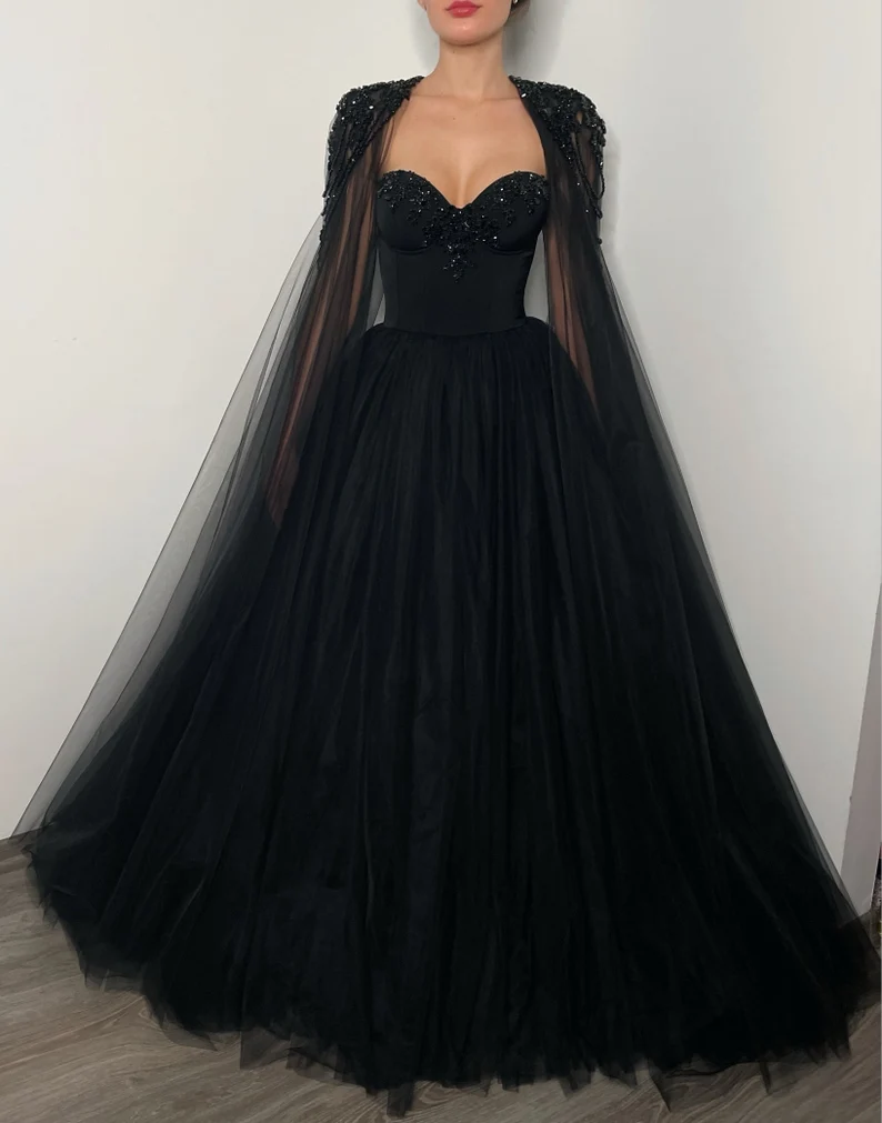 Black Gothic crystal beaded corset wedding tulle dress, elegant beaded alternive bride dress, long black cape black prom dress