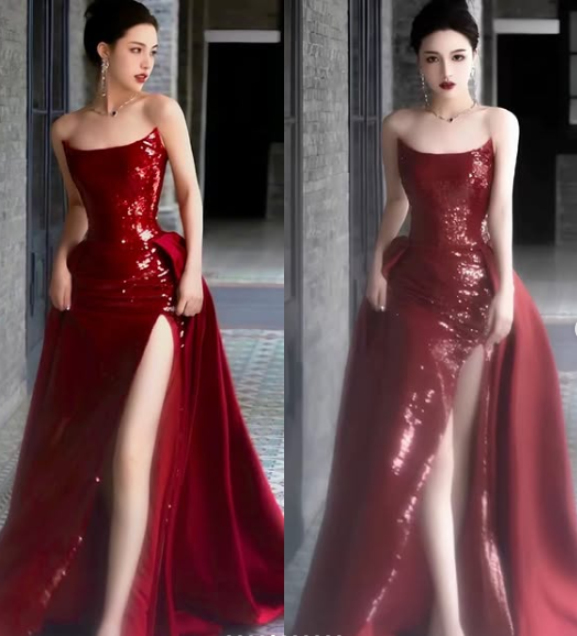 Classy Sheath Strapless Burgundy Sleeveless Long Party Dress Sequin Prom Dresses