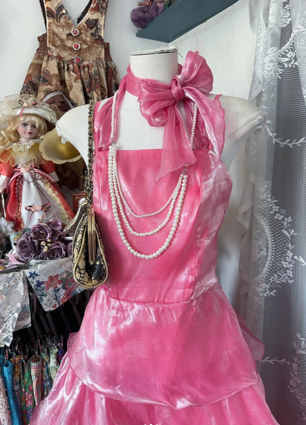Pretty Halter Organza Pleated Pink Layered Long Party Dress Birthday Outfits
