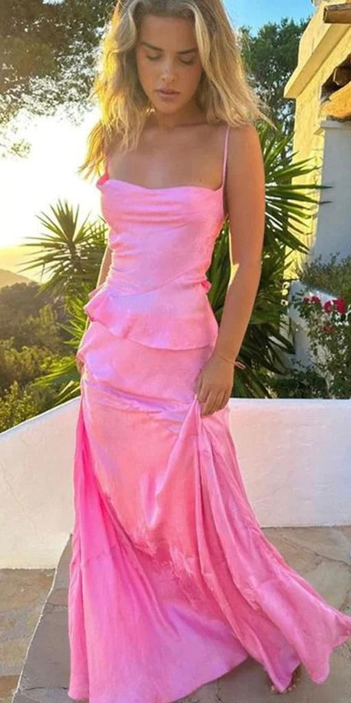 Charming Spaghetti Straps Pink Long Prom Dress Mermaid Evening Dress