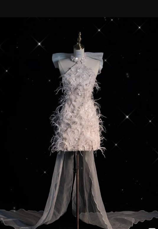 Classy Pink Halter Sequin Feathers Sheath 20th Birthday Outfits Short Party Dress