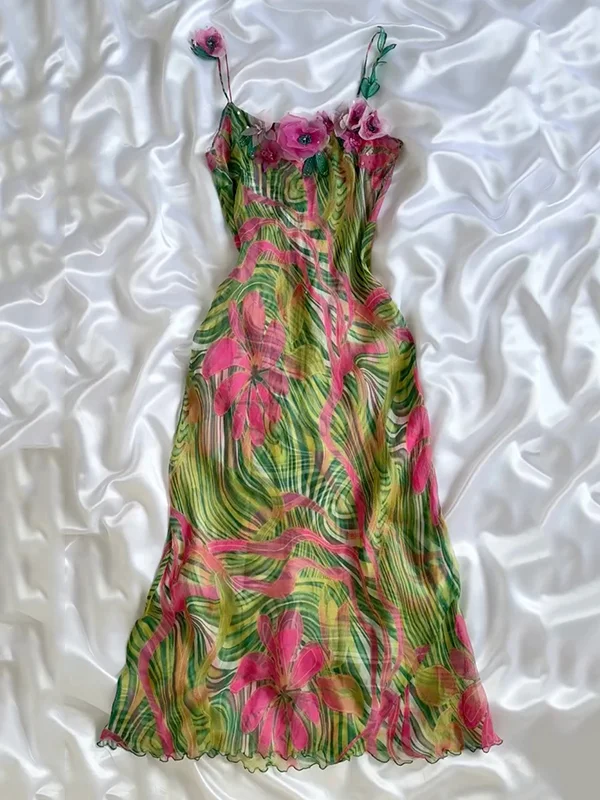 Vintage Spaghetti Straps Chiffon Print Floral Long Prom Dress Formal Birthday Party Dress