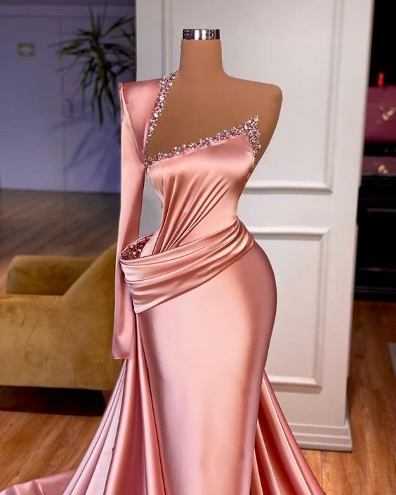 Pink Evening Dress Long One Shoulder Modest Beaded Elegant Luxury Formal Dress