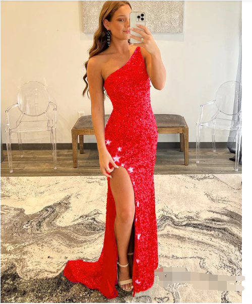 One Shlulder Black Prom Dress With Star Pattern Hight Split Evening Dress