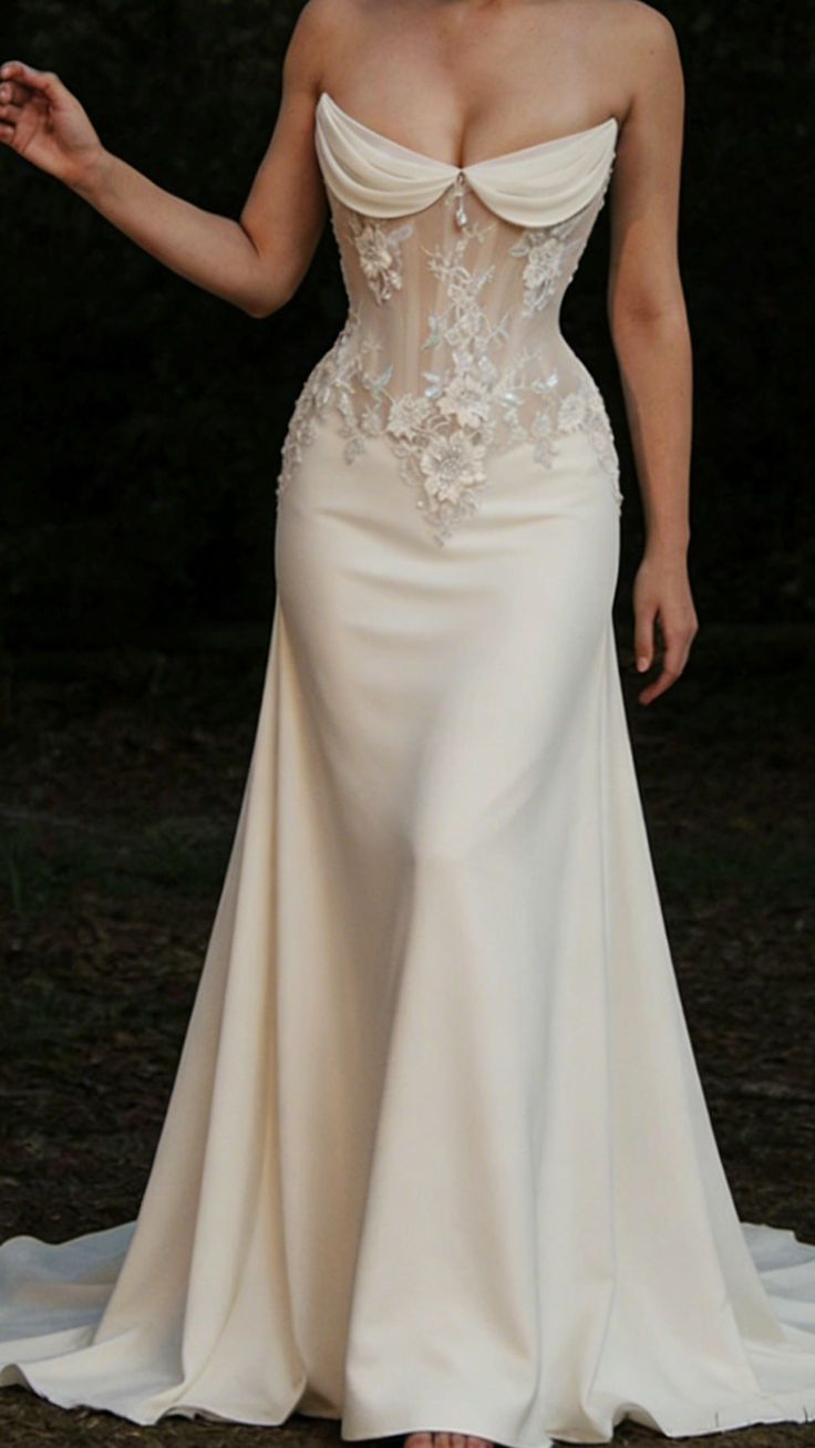 Classy Strapless Satin Appliques White Mermaid Long Wedding Dress Bridal Dress