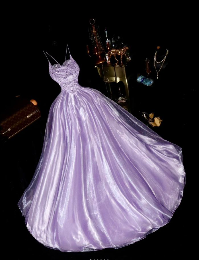 Pretty Spaghetti Straps Lavender Tulle Beaded Embroidery Mermaid Evening Dress Long Birthday Prom Gown