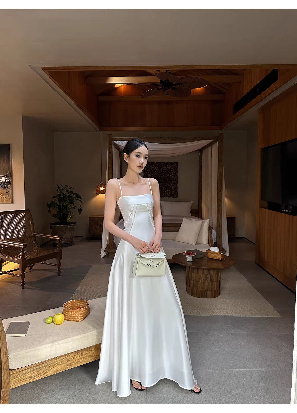 Classy Spaghetti Straps White Satin A Line Long Birthday Evening Dress Formal Wedding Guest Dress