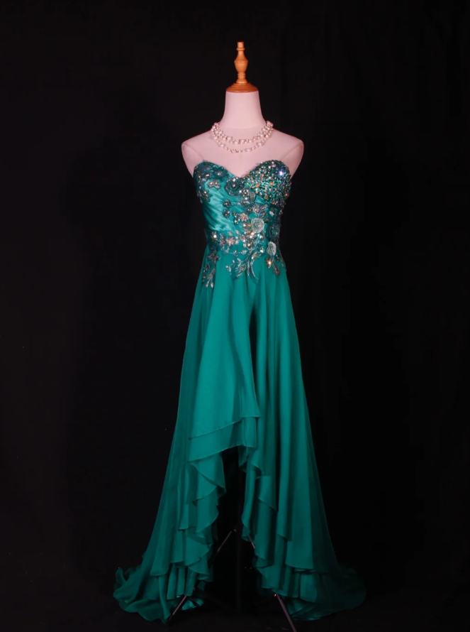 Fashion Strapless Green Satin Beaded Birthday Prom Dress Embroidery Floral Mermaid Long Evening Dress