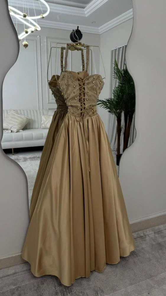 Luxurious Halter Satin Beaded Long Evening Dress Formal Birthday Party Dress