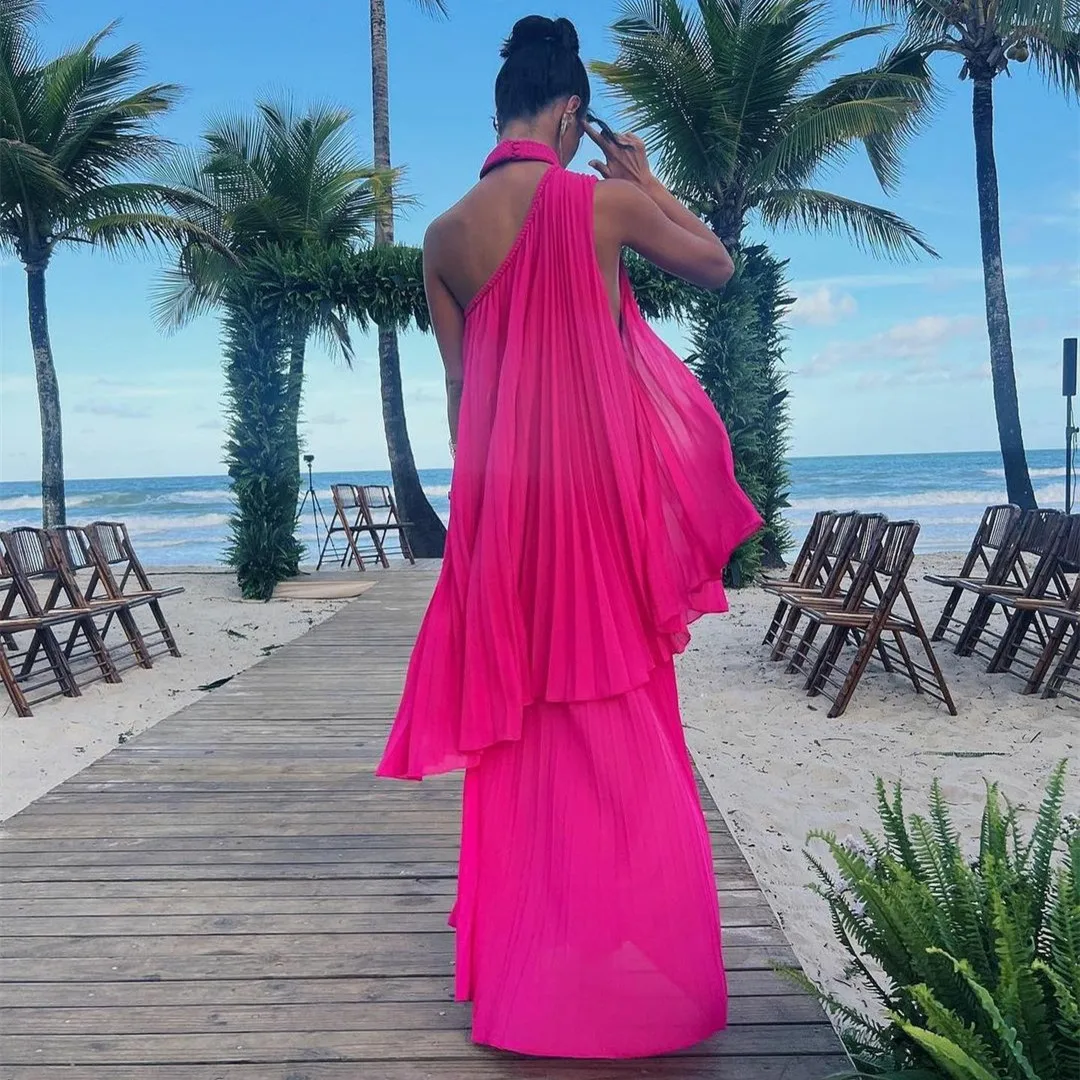 Elegant Long Pleated High Neck Evening Dresses A-Line Chiffon Formal Dress for Women