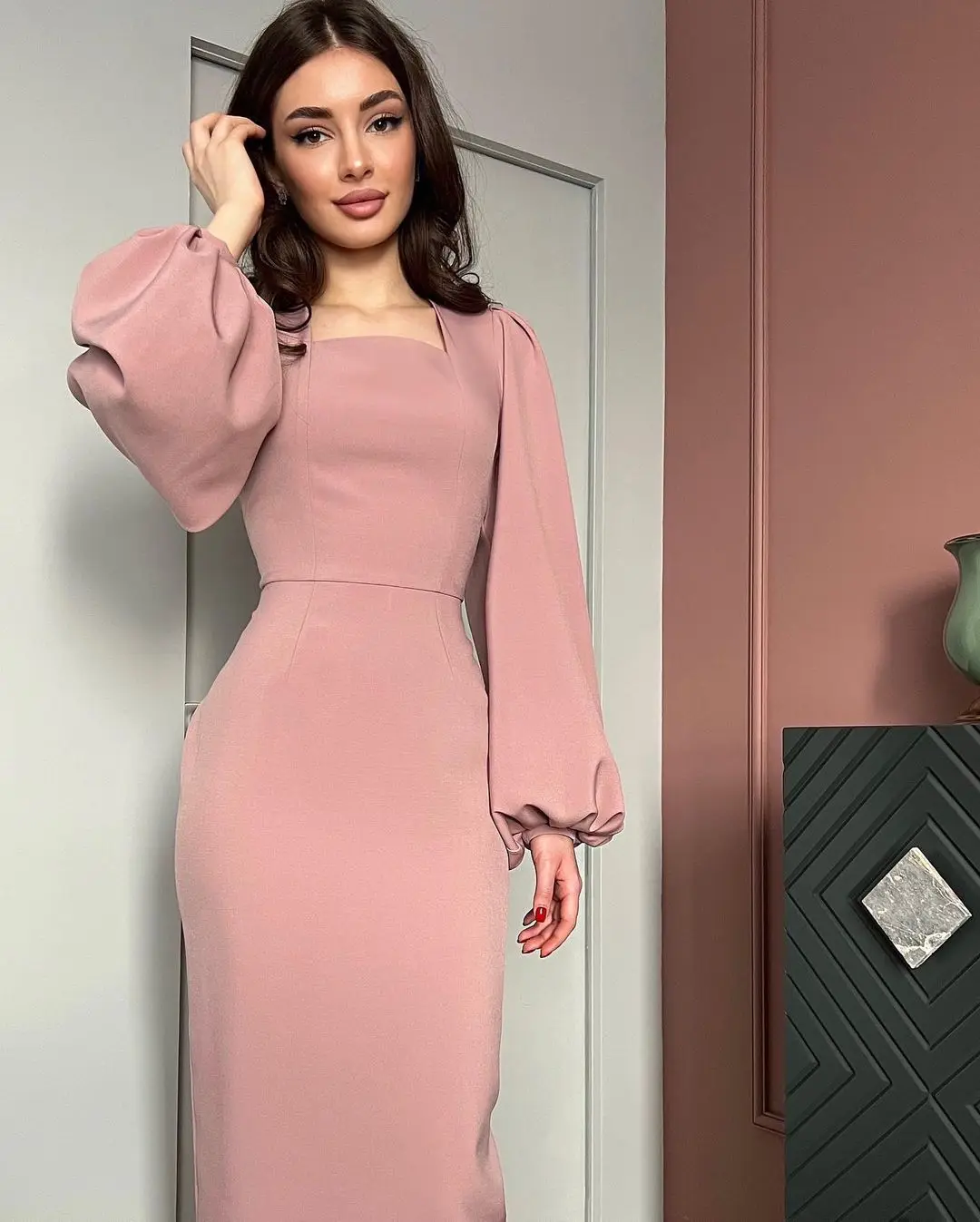Saudi Arabia Women's Prom Dresses Square Neck Tea Length Formal Dress Temperament Evening Dress