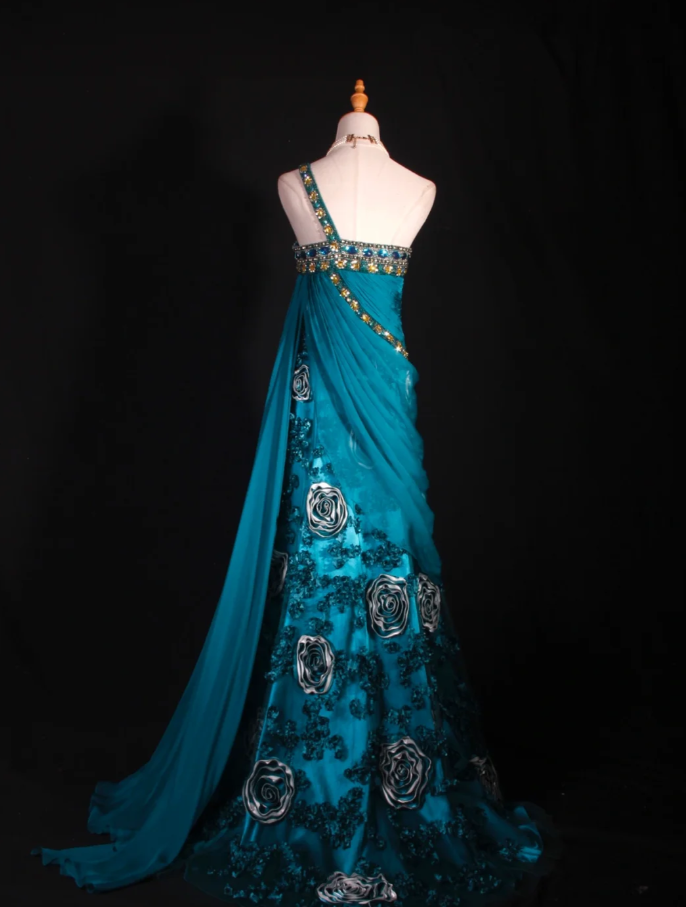 Vintage Blue One Shoulder Satin Beaded Mermaid Evening Dress Long Party Dress With Florals