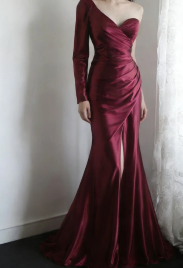 Vintage Burgundy One Shoulder Satin Pleated Long Wedding Guest Dress Formal Slit Party Dress