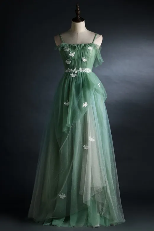 Spaghetti Straps Green Tulle Long Formal Dress Prom Dress