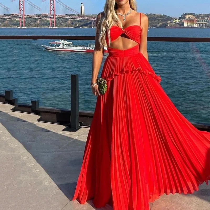 Summer Party Dress Sexy Sling Dress Solid Sleeveless Backless Prom Dress Long A-line Skirt Dresses