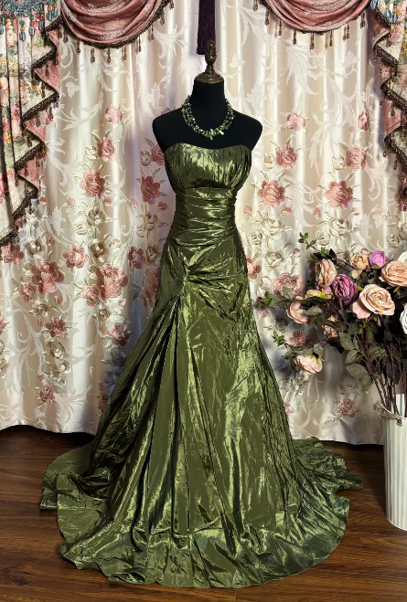 Retro Green Strapless Satin Pleated Mermaid Evening Dress Long Prom Gown