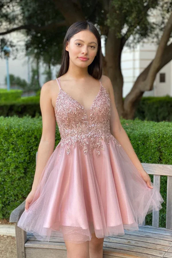 Pretty A Line Pink Beading Homecoming Dress, Short Spaghetti Straps Prom Dress,Formal Dresses