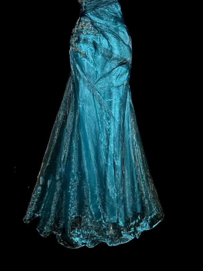 Charming Strapless Blue Tulle Sequin Beaded Mermaid Evening Dress Long Birthday Party Dress