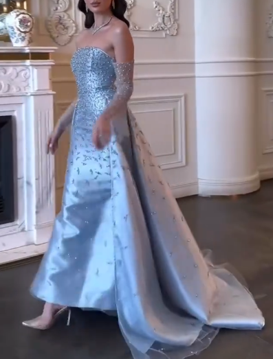 Gorgeous Blue Satin Tulle Beaded Mermaid Evening Dress Long Birthday Party Dress