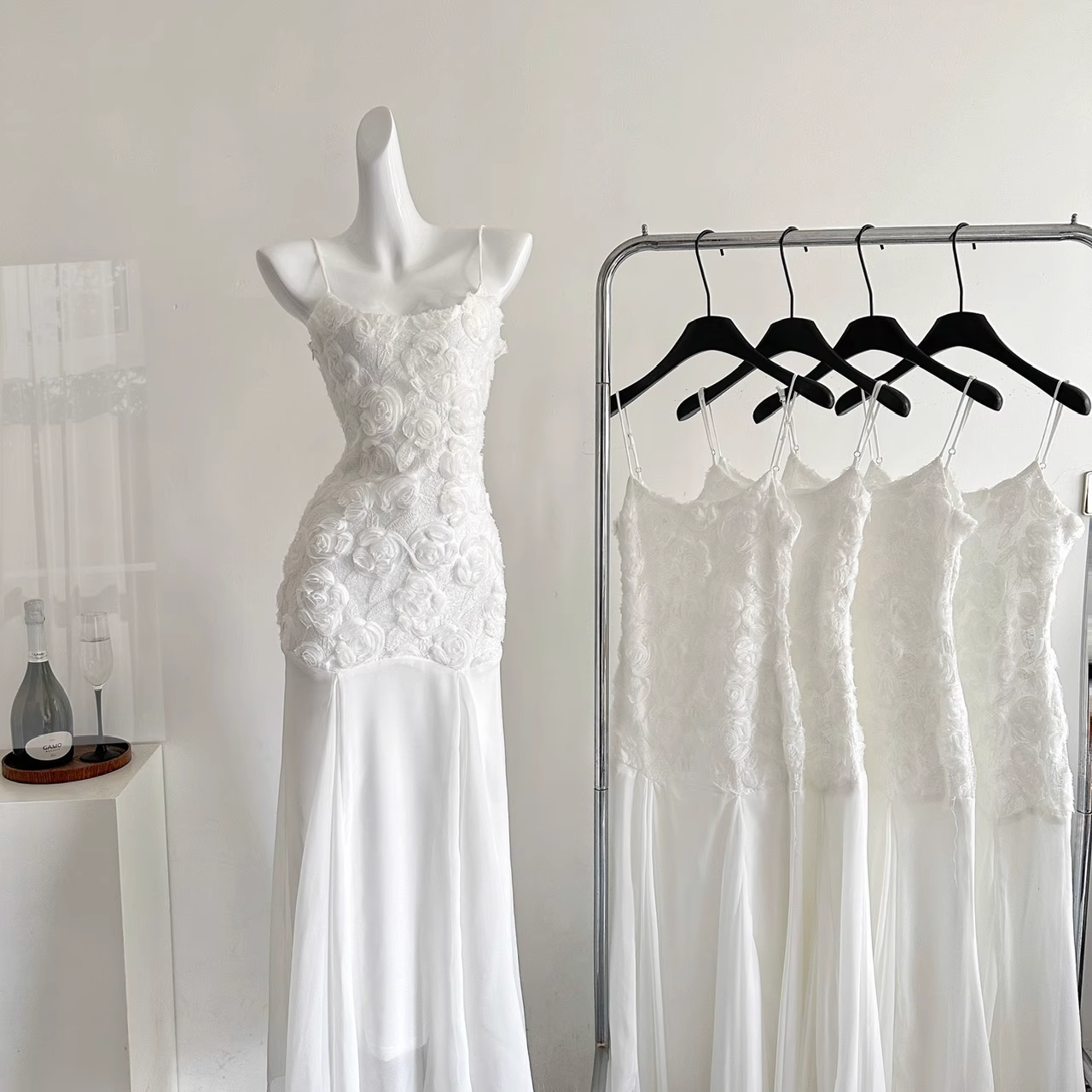 White Suspender Dress French Chiffon Waist Party Dress Mermaid Dress