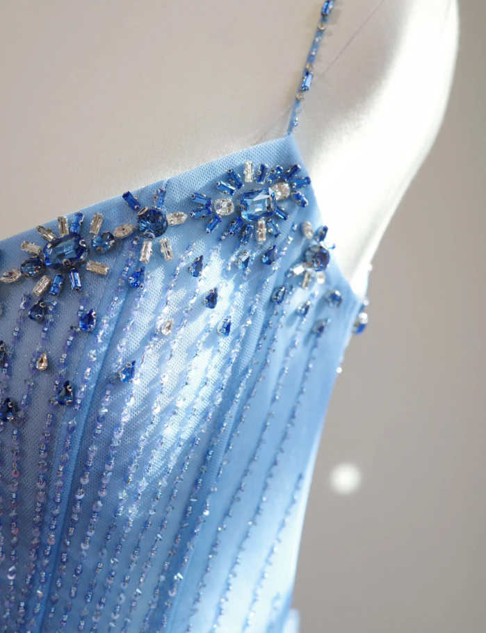 Fairy Spaghetti Straps Blue Satin Beaded Feathers A Line Birthday Prom Dress Party Dress