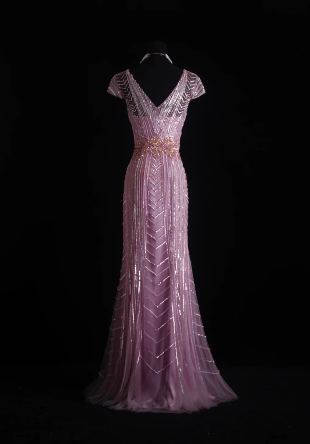 Gorgeous Pink V Neck Tulle Sequin Beaded Mermaid Evening Dress Prom Gown