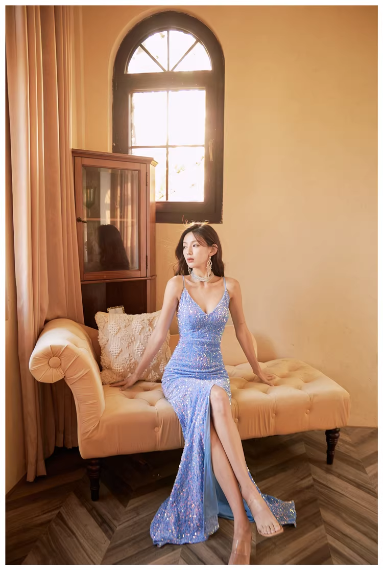 Sparkly Spaghetti Straps V Neck Blue Sequin Mermaid Slit Long Evening Dress Formal Wedding Guest Dress