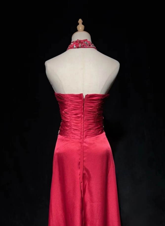 Pretty Halter Satin Pleated Beaded Cerise Pink Long Evening Dress Formal Wedding Guest Dress