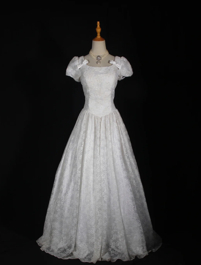 Pretty White Satin Beaded Floral Lace Ball Gown Formal Long Wedding Dress