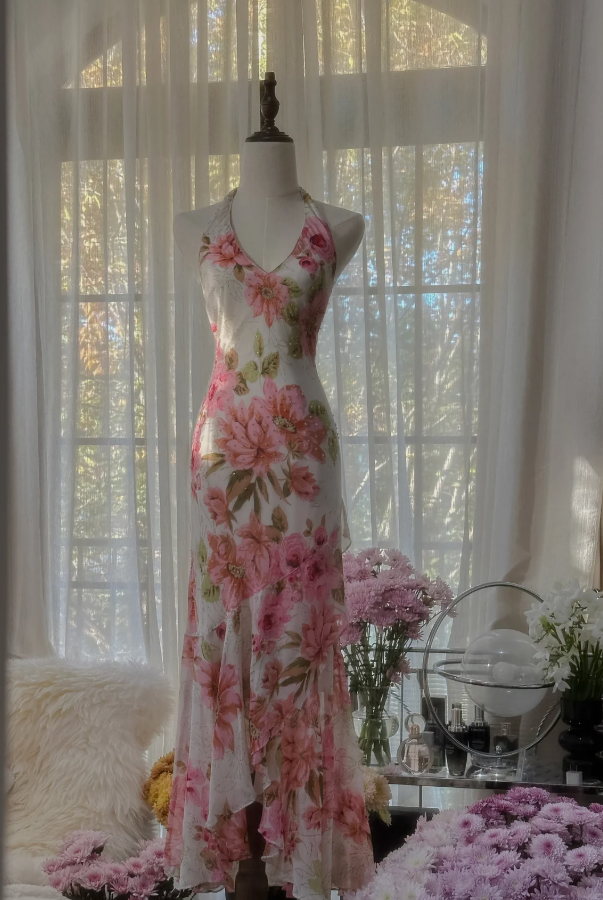 Pretty Halter V Neck Chiffon Print Floral Beaded Mermaid Long Party Dress Formal Wedding Guest Dress