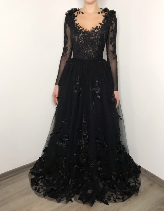 Black Long Prom Dress Gothic style Wedding Dress Tulle Evening Dress