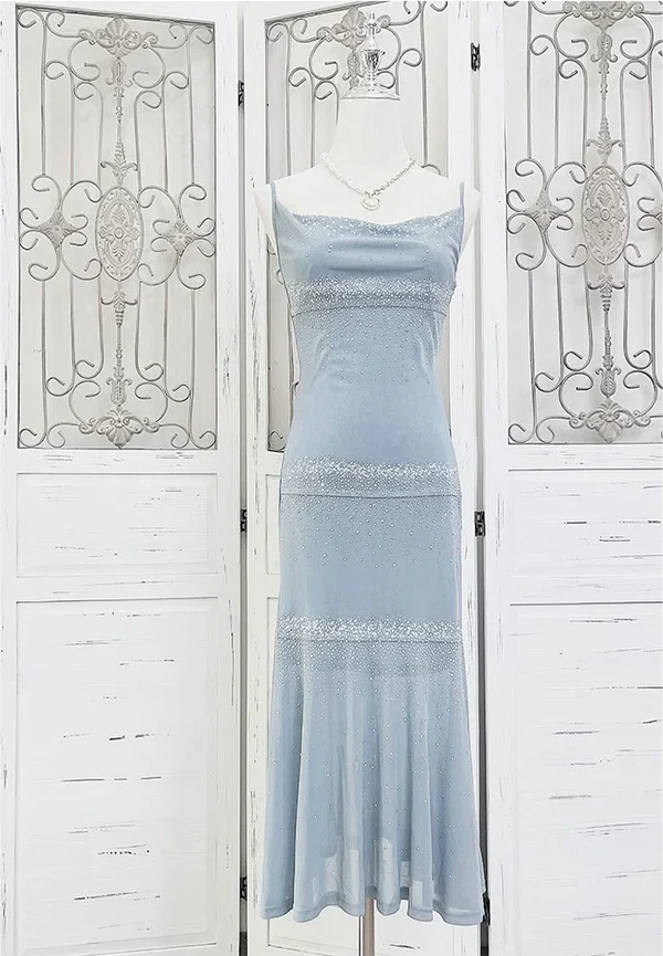 Beautiful Spaghetti Straps Blue Chiffon Beaded Evening Dress,Formal Prom Party Dress